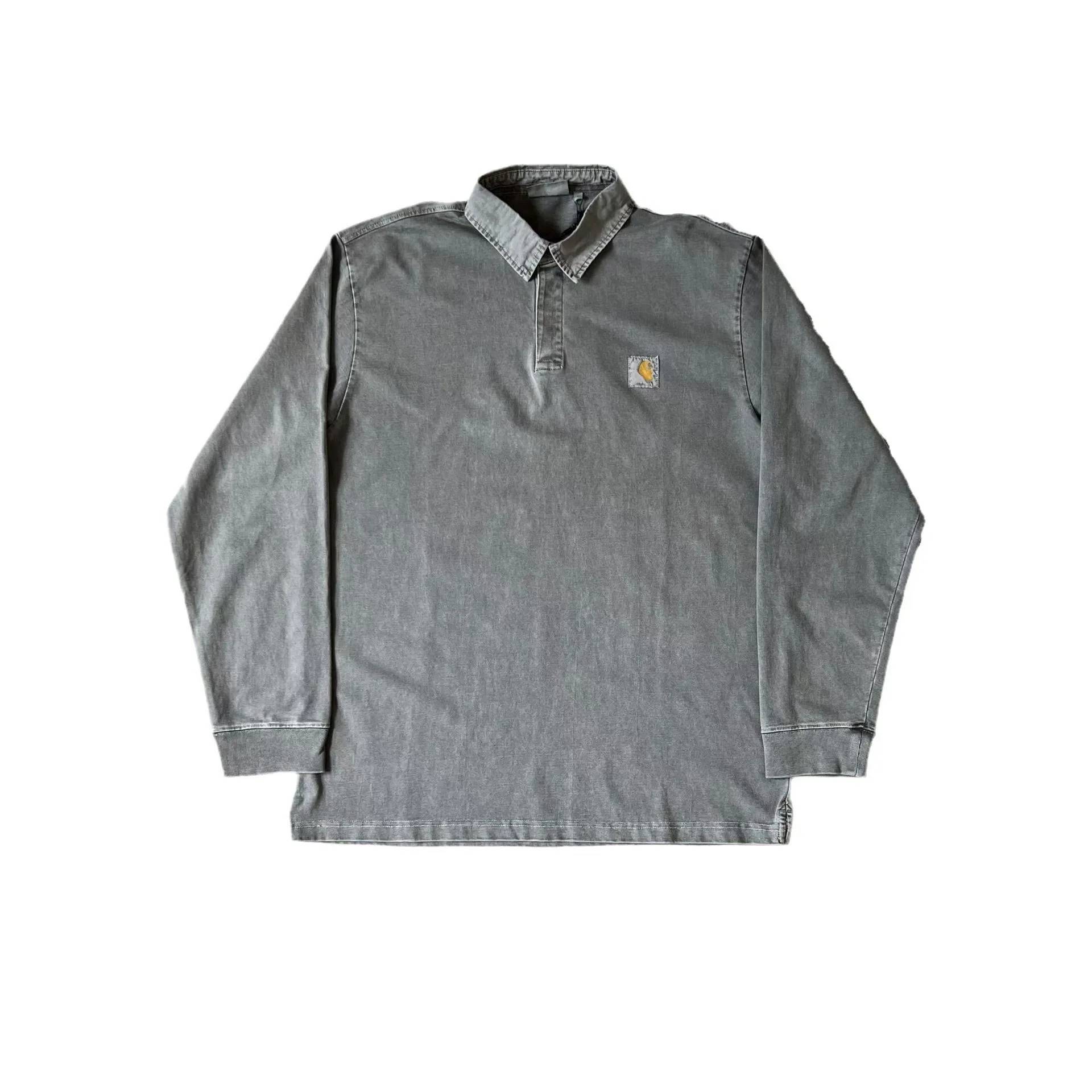 Custom Embroidery Logo Long Sleeve Polo Shirts Vintage Pima Cotton Garment Dye Acid Wash Polo Shirt for Men